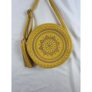 Art Class Golden Yellow Cross Body Bag Round Purse Mandala Pattern With Tassel